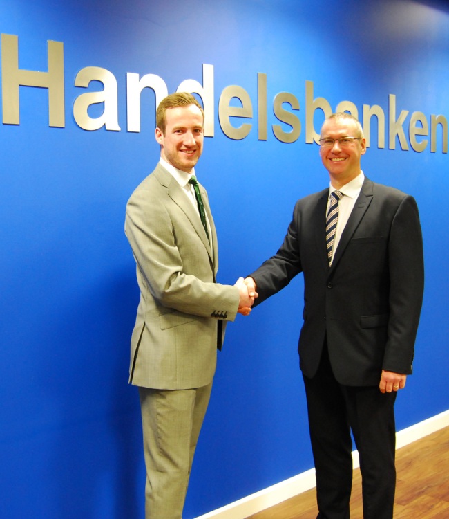 Phil Walker welcomes Fraser Kirkland to Handelsbanken Chesterfield