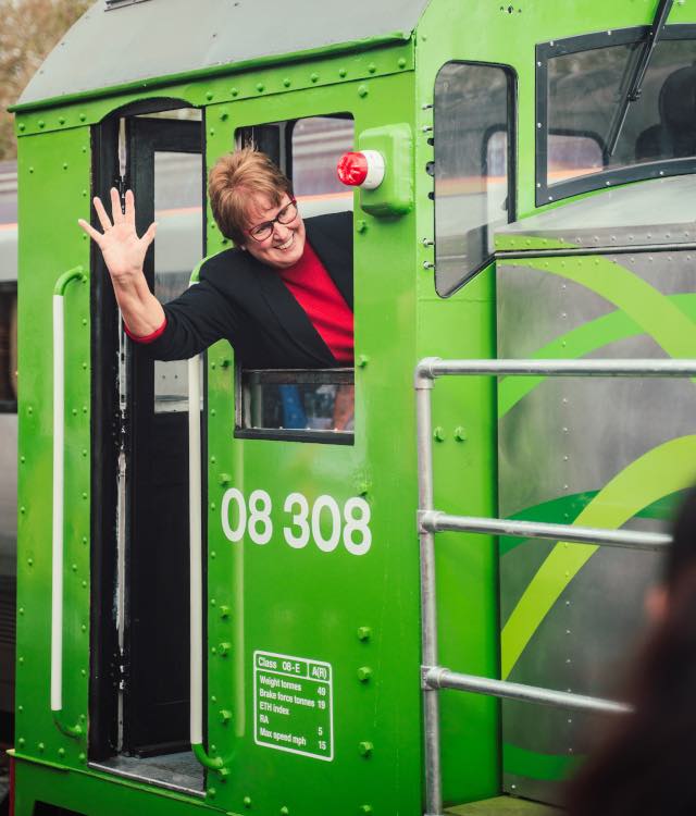 Councillor Gilby on the E-08 eco-friendly train at Barrow Hill Round House