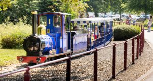 Blue Puffin Billy train driving past at Queen's Park