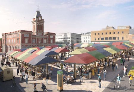 New layout for Chesterfield Market with contemporary stalls, heritage colours, Market Hall in the background, town pump a feature