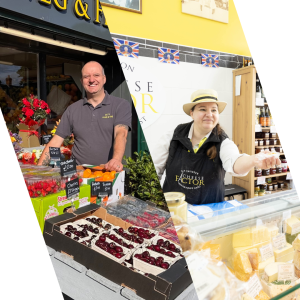 Shopping in Chesterfield, CK's Fruit and Veg on the left and Cheese Factor on the right